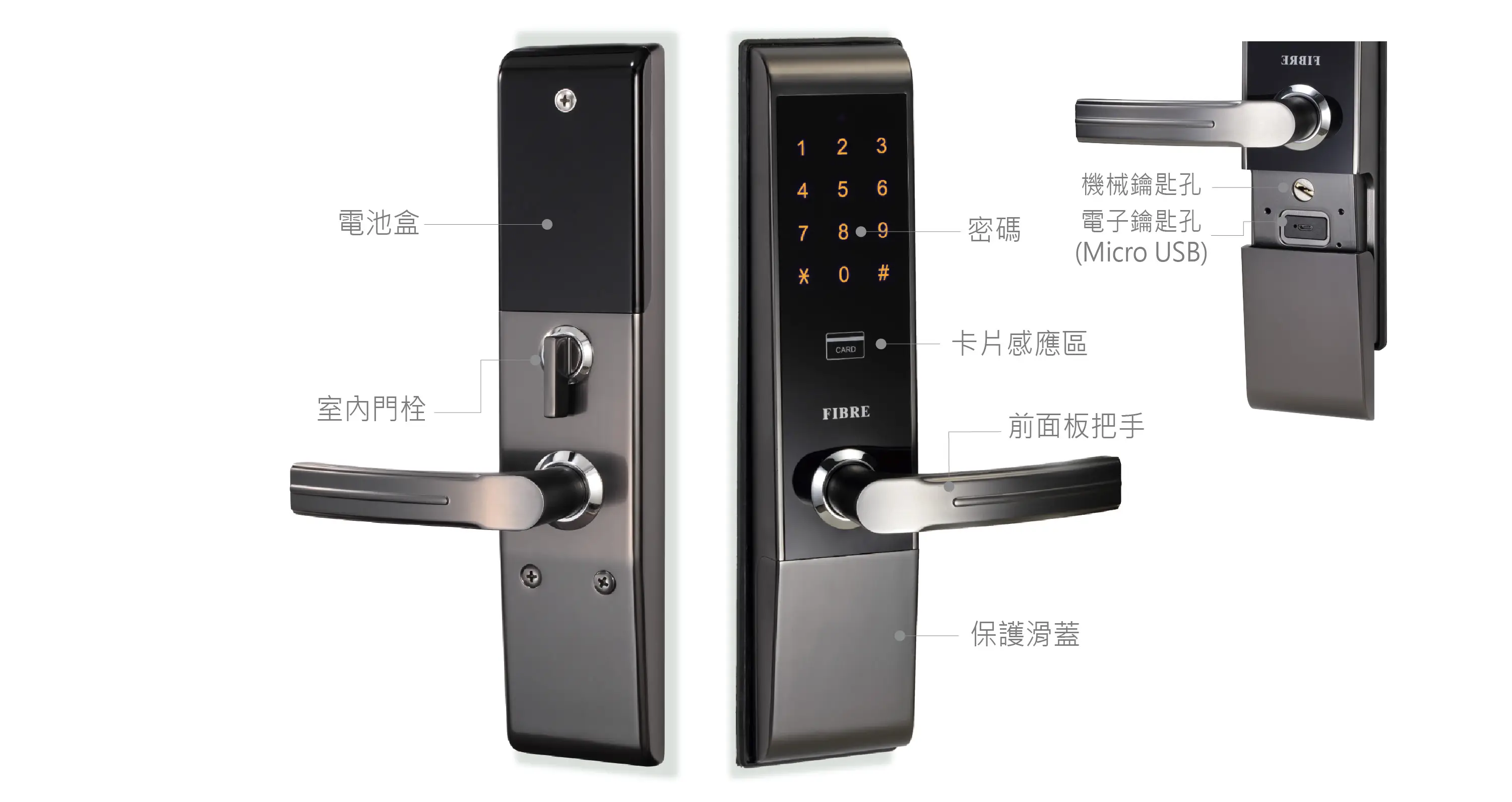 開門方式 藍牙APP、感應卡片、密碼、鑰匙、Wi-Fi遠端開門(選配) 電池種類 4.6~6.6v 4顆3號鹼性AA電池(開鎖3,000次以上)、專用鋰電池(選配) 工作環境 溫度-25°C~70°C、濕度20%~95% 適用門厚 40~60(mm)、100(mm)內可訂製 面板規格 70*308*30(mm) 材質鋅合金＋強化抗刮面板，前面板防水防塵等級IPX6