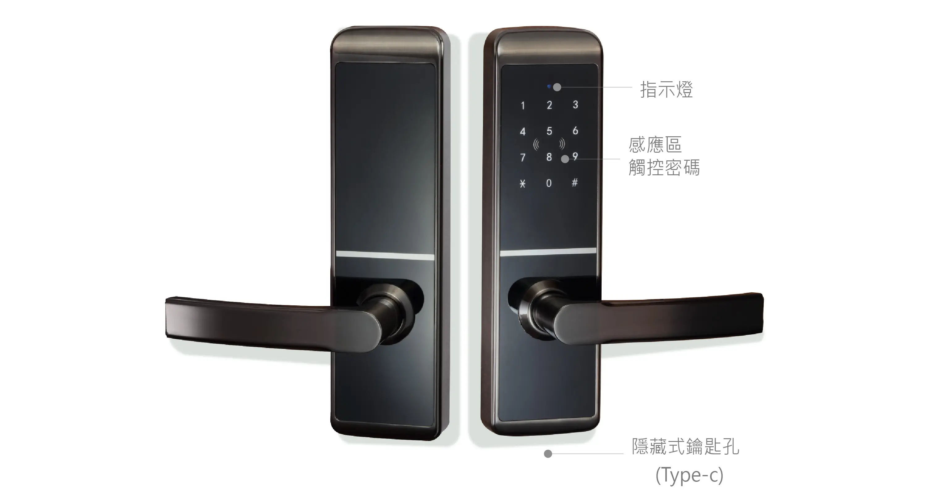 開門方式 藍牙APP、密碼、感應卡片、鑰匙 電池種類 4顆3號鹼性AA電池(開鎖3,000次以上) 工作環境 溫度-5°C~55°C、濕度30%~80% 適用門厚 35~55(mm)、56~65(mm)、65(mm)內可訂製 面板規格 前70*271*31(mm)材質鋅合金＋強化面板