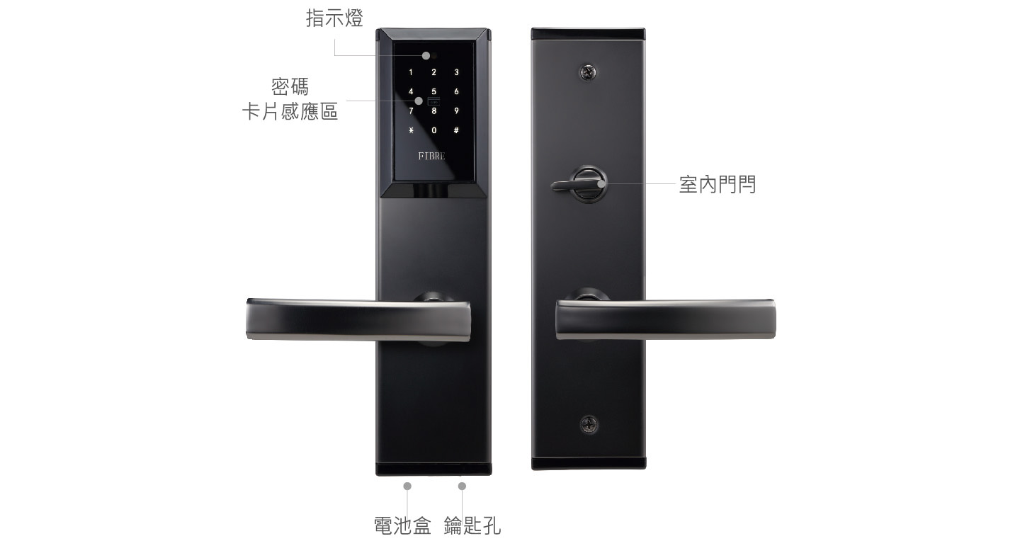 開門方式 藍牙APP、感應卡片、鑰匙、Wi-Fi遠端開門(選配) 電池種類 3顆3號鹼性AA電池(開鎖3,000次以上) 工作環境 溫度-25°C~70°C、濕度20%~95% 適用門厚 35-60mm 面板規格 前70*271*31(mm)後70*271*22(mm) 材質304不鏽鋼＋經碳化處裡面板，前面板防水防塵等級IPX6